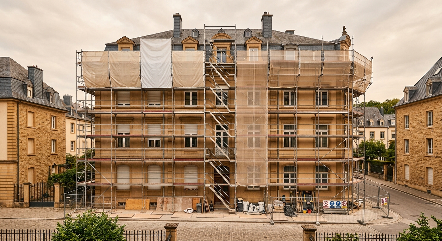 Chantier Façades Mangen avec échafaudage et protection