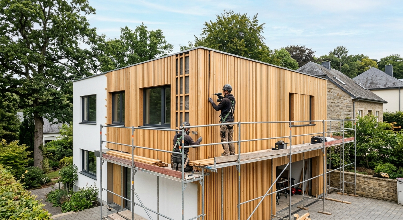 Pose de bardage bois sur une façade moderne