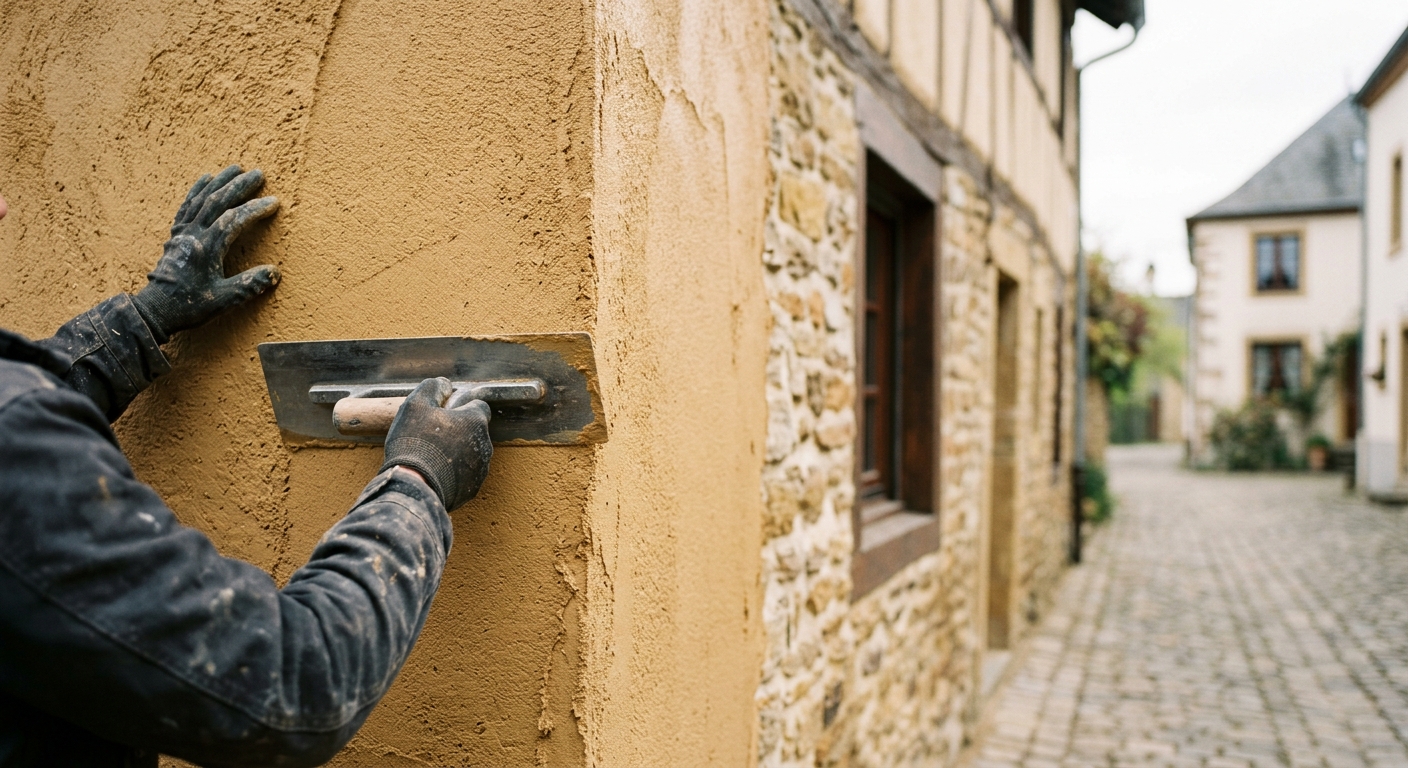 Ouvrier lissant un enduit de façade