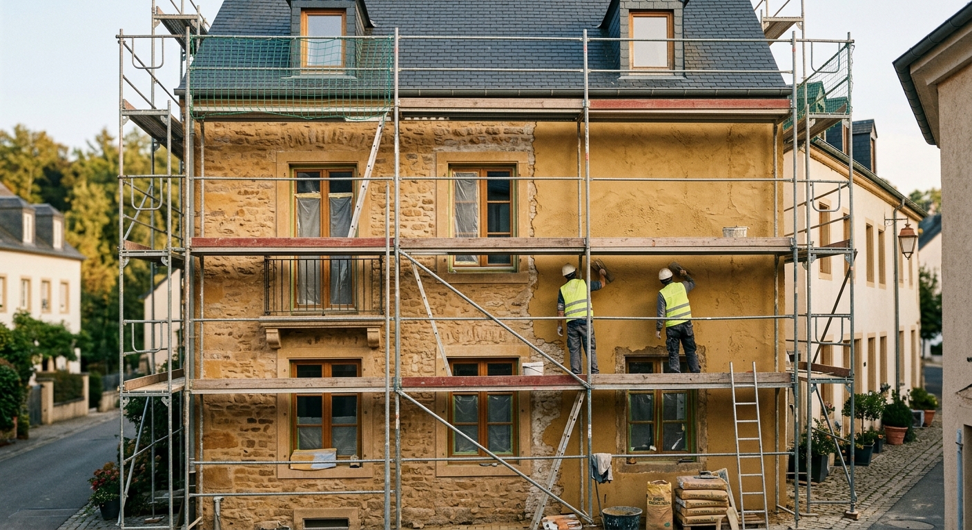 Façade en cours de ravalement avec crépi neuf