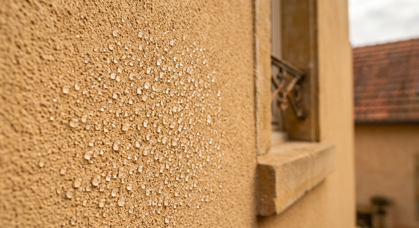 Gouttes d'eau perlant sur une façade traitée